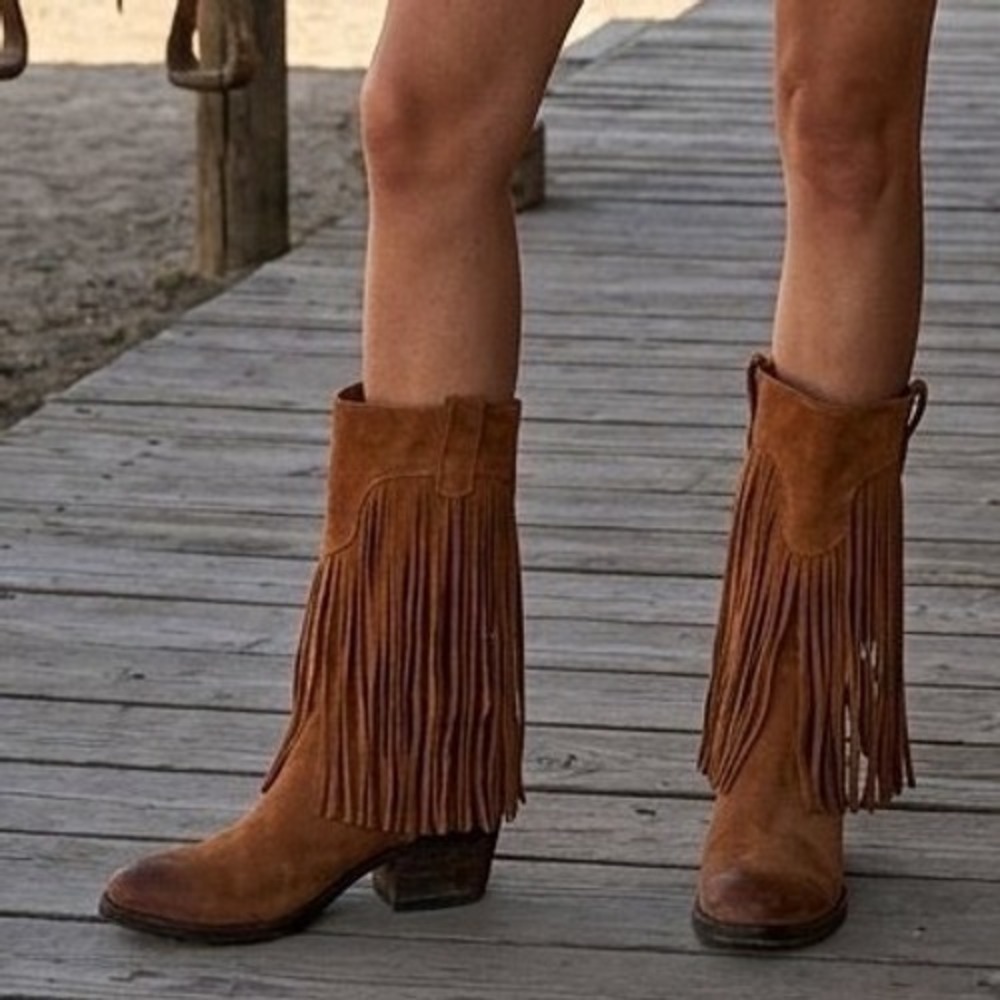Lucky Brand Brown Suede Fringe Western Boots Womens 8M Cognac Boho Pull On - Picture 8 of 16